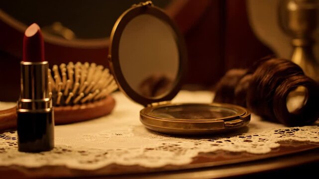Elegant vintage vanity scene with red lipstick, ornate mirror, wooden hairbrush, and lace doily in warm ambient lighting, capturing a nostalgic atmosphere of classic beauty and timeless elegance