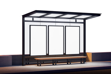 Contemporary bus stop shelter with three blank vertical posters, wooden bench, and clean urban pavement, showcased on an isolated white background. 3D Rendering.