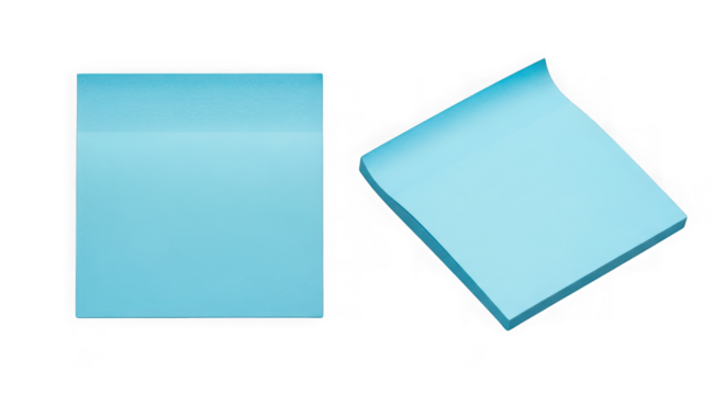 Two light blue sticky notes, one flat and one slightly angled, isolated on a transparent background
