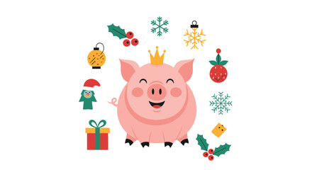 Happy pig wearing a crown surrounded by festive holiday decorations.
