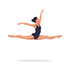 Fototapeta premium Female ballet dancer performing grand jeté leap in black leotard graceful pose vector illustration 