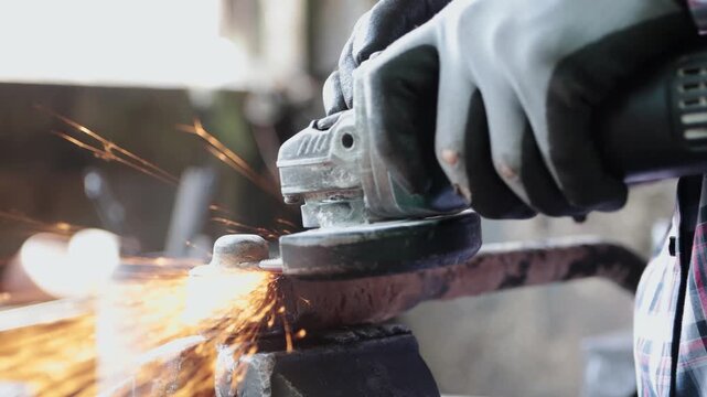 Zoom View Construction Industrial Factory or Metalwork Concept by Mechanic or Technician Using Grinder with Auto Part Workshop