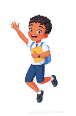 Happy young Indian school boy is jumping excitedly and waving his hand. Cartoon vector illustration.