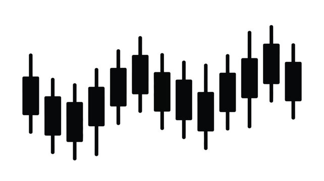 A stylized representation of a candlestick chart with black bars and lines on a white background