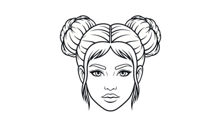 Young Woman with Space Buns Hairstyle Line Art Illustration.