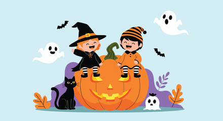 Cute children celebrate halloween with spooky ghosts and a friendly black cat.