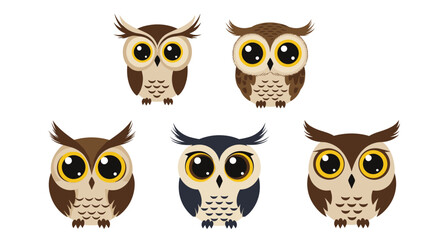 Fototapeta premium A collection of cute cartoon owls with big eyes.