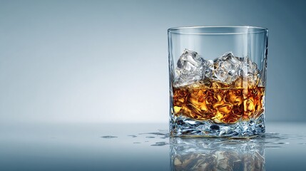 Glass of amber liquid with ice cubes