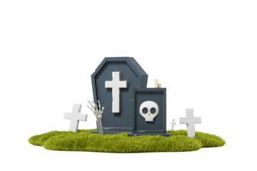 Cartoon-style tombstones with white crosses and skull, a skeleton hand, and green grass patch on white background, symbolizing Halloween graveyard. 3D Rendering.