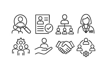 Human Resources icon set in editable stroke style. Includes recruitment, HR management, teamwork, collaboration, and employee-related concepts. Simple line-based vector illustrations, easily resizable