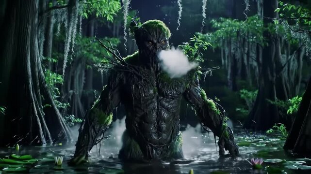 Swamp monster creature emerges from water, a spooky sight in nature. Perfect for horror projects or atmospheric scenes.
