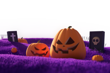Carved pumpkins with spooky faces sit on vibrant purple grass with tombstones, set in a surreal cemetery concept on white background. 3D Rendering.