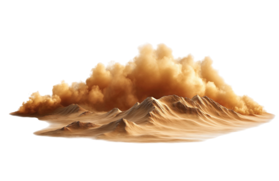 A massive dust cloud billows over a desert terrain, isolated on a transparent background, showcasing the raw power of nature