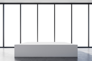 White rectangular podium in a bright modern room, realistic style, with large floor-to-ceiling windows, concept of exhibition or product display. 3D Rendering.