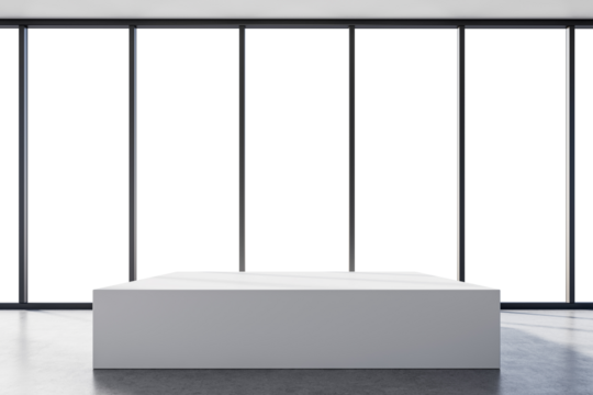 White rectangular podium in a bright modern room, realistic style, with large floor-to-ceiling windows, concept of exhibition or product display. 3D Rendering.