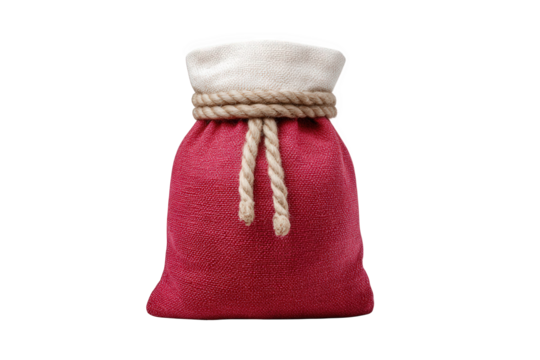 Red burlap gift bag with white trim and rope, isolated on transparent background