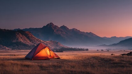 Tent glows at dusk in grand teton national park with mountains in background, wyoming, usa