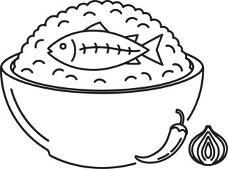 A Flavorful Fish Dish with Rice Served with a Spicy Chili and Onion for Added Zest