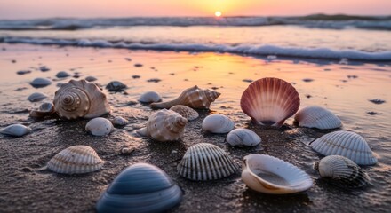 Sunset's Golden Glow on Beach Shells, Reflecting in Wet Sand and Sea