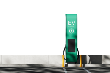 Electric vehicle charging station in green color, photographed in bright daylight, positioned in empty urban parking lot, concept of sustainable energy. 3D Rendering.