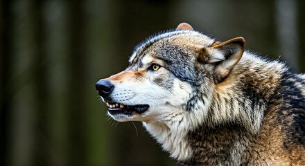 Fototapeta premium Intense Gaze of a Grey Wolf, Side Profile, Showing Teeth in a Dark, Blurred Forest Setting