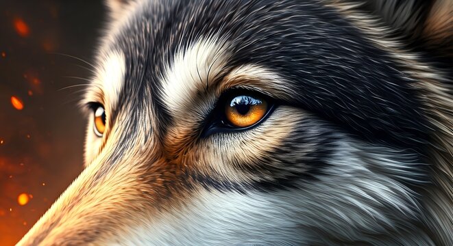Intense Wolf Portrait: Close-up of majestic wolf's face with piercing amber eyes and detailed fur, symbolizing wild nature and power.