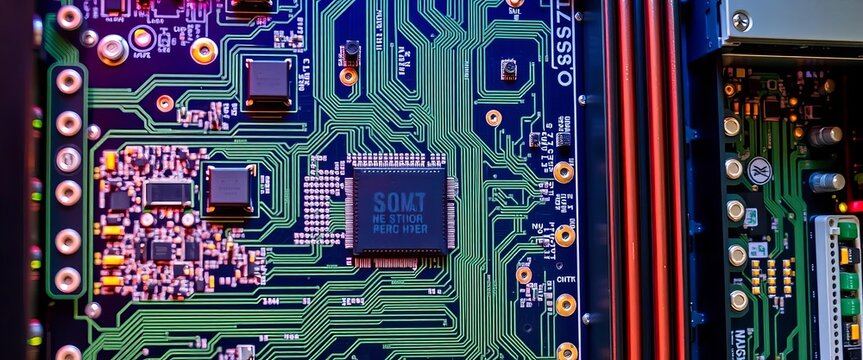 Close-up of interconnected circuit boards in a multi-processor computer system, computing, electronics
