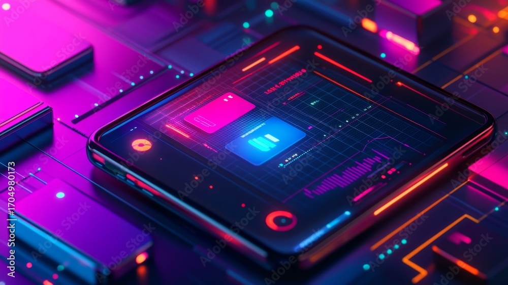 Wall mural futuristic technology concept featuring a vibrant neon circuit board with glowing elements. a digita