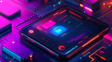 Futuristic technology concept featuring a vibrant neon circuit board with glowing elements. A digital interface showcases advanced features. Generative AI