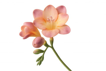 Fototapeta premium Delicate freesia blossoms in soft pink and yellow, creating gentle floral harmony against transparent backdrop