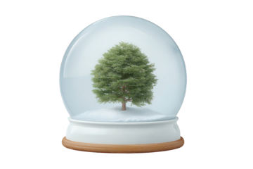 A green tree inside a snow globe isolated on transparent background
