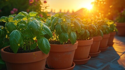 Sunset basil garden on a rooftop terrace