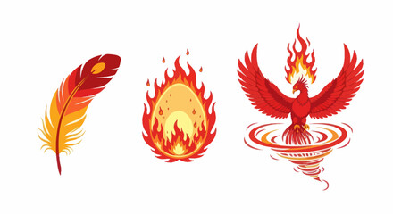 Phoenix bird feather and fire elements set.