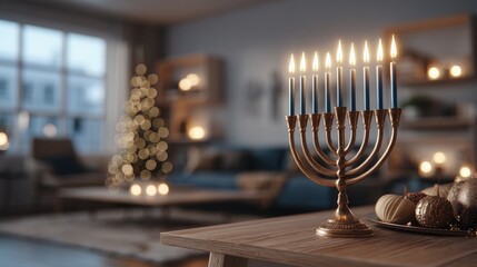 Cozy Living Room with Menorah and Family Celebrating Hanukkah Soft Lighting Empty Space