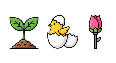 Three icons representing new life and growth a plant sprout a chick hatching and a flower bud.