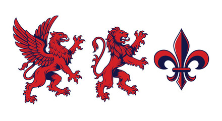 Heraldic symbols featuring a griffin lion and fleur de lis design elements.