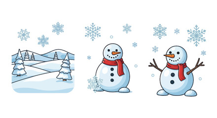 Set of hand drawn winter illustrations with snowmen.