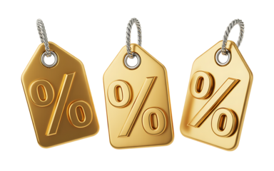 Three Golden Percentage Tags On White Background Keywords: percentage, tag, label, golden, gold