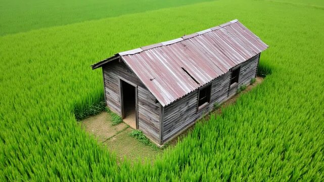 Aerial fly over abandoned wooden house at paddy field at Permatang Pauh, Penang.