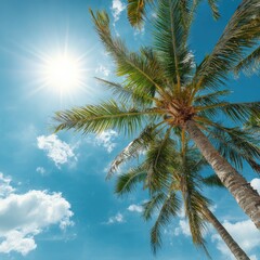 Fototapeta premium Palm trees against a vibrant blue sky with sun