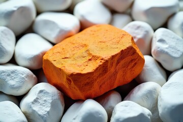 One bold orange rock amongst many white rocks, conspicuous, rock