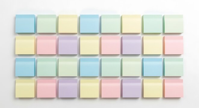 Pastel colored sticky notes organized in a grid pattern, planning idea