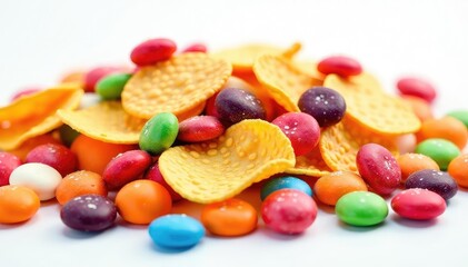 Pile of colorful candy, chips, and soda on white background, delicious, candy, unhealthy