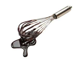 Wire whisk with chocolate dripping isolated on transparent or white background, png