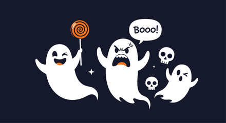 Cute happy and angry ghosts celebrating halloween with candy and skulls.