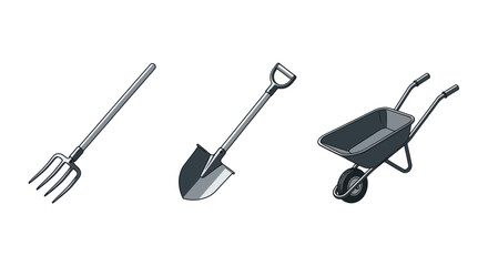 Gardening tools including a pitchfork shovel and wheelbarrow for outdoor work.