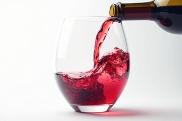 Rich red wine poured into glass, clean white backdrop, alcohol, still life, drink
