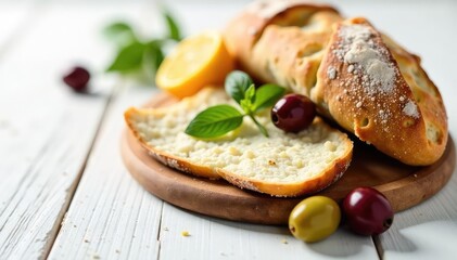 Rustic Italian bread, olives, cheese on white , cuisine, salt