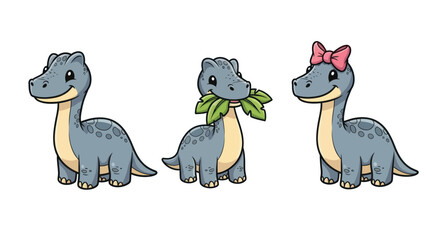 Set of three cute cartoon brachiosaurus dinosaur characters.