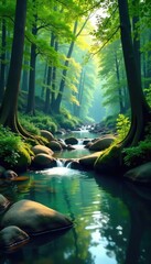 Secluded river flowing gently through a serene forest, tranquility, scenery